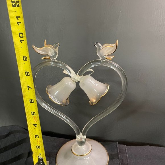 Doves & Wedding Bells Decor Cake top Handblown Glass Sculpture Clear w/Gold Trim - Picture 8 of 8